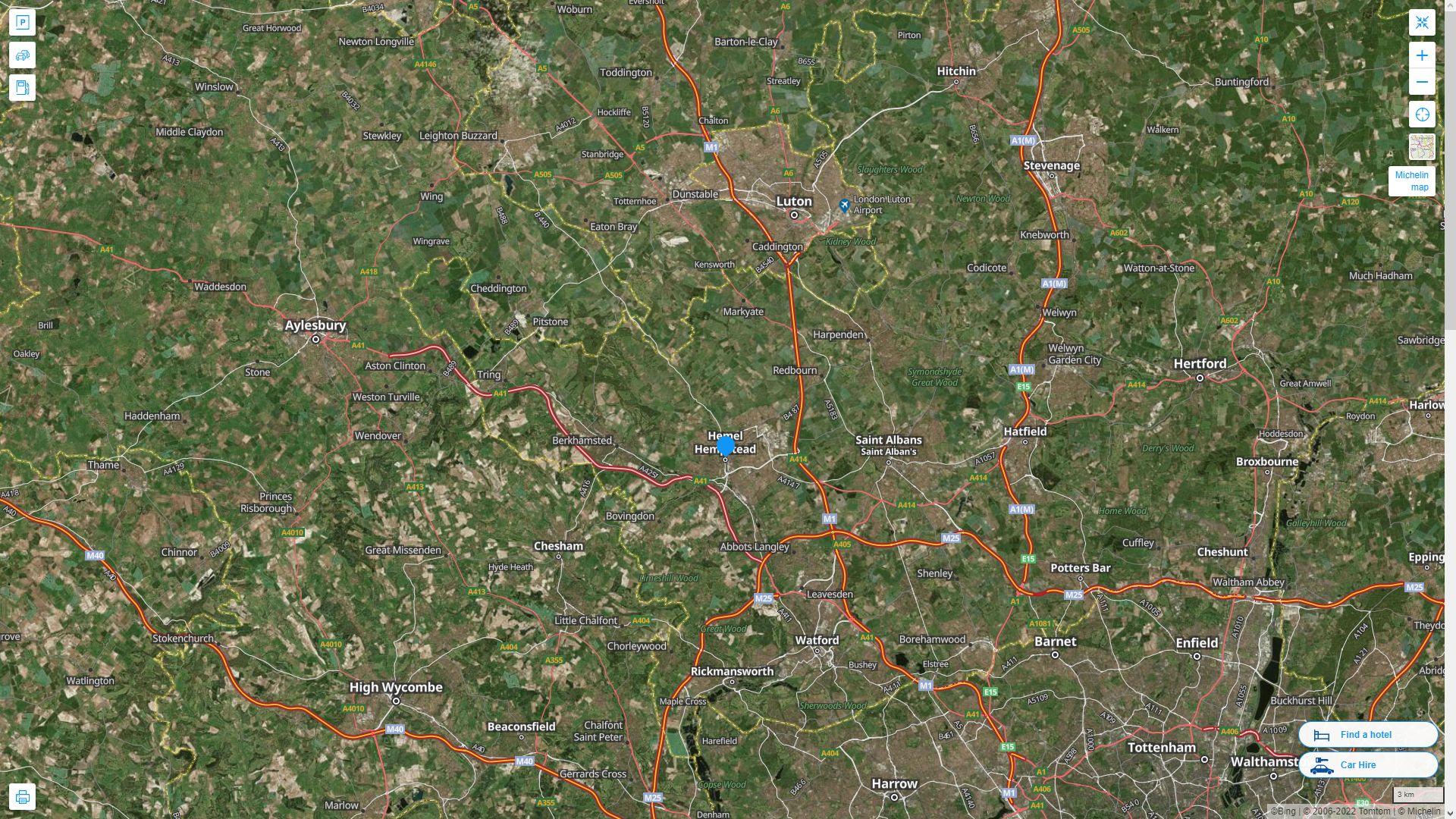 Hemel Hempstead Royaume Uni Autoroute et carte routiere avec vue satellite